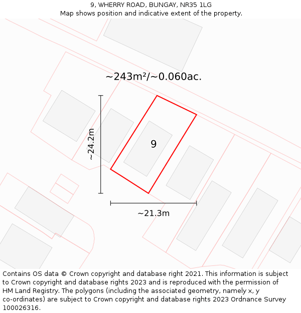 9, WHERRY ROAD, BUNGAY, NR35 1LG: Plot and title map