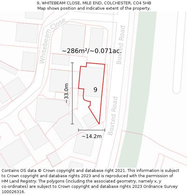 9, WHITEBEAM CLOSE, MILE END, COLCHESTER, CO4 5HB: Plot and title map
