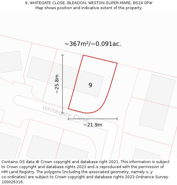 9, WHITEGATE CLOSE, BLEADON, WESTON-SUPER-MARE, BS24 0PW: Plot and title map