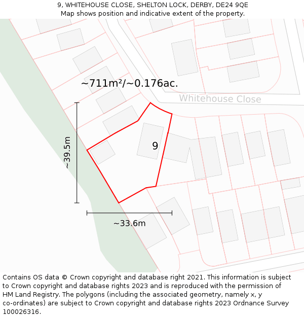 9, WHITEHOUSE CLOSE, SHELTON LOCK, DERBY, DE24 9QE: Plot and title map