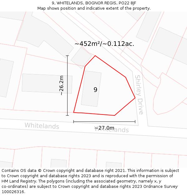 9, WHITELANDS, BOGNOR REGIS, PO22 8JF: Plot and title map