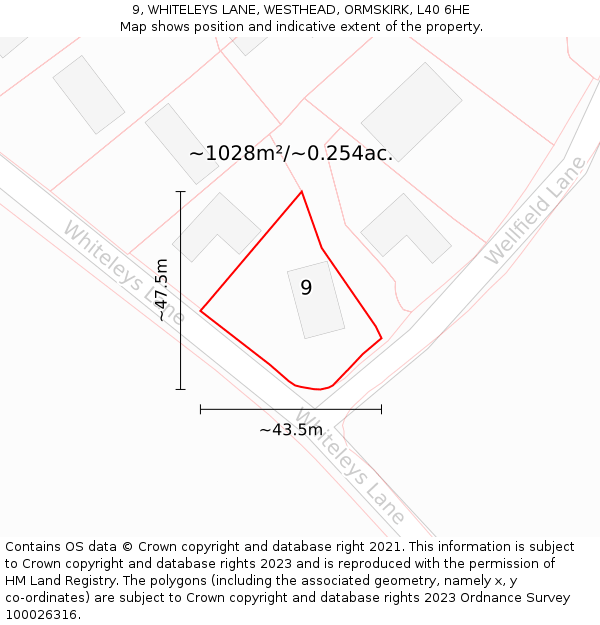 9, WHITELEYS LANE, WESTHEAD, ORMSKIRK, L40 6HE: Plot and title map