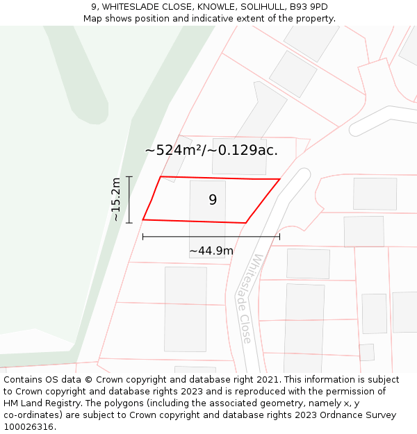 9, WHITESLADE CLOSE, KNOWLE, SOLIHULL, B93 9PD: Plot and title map