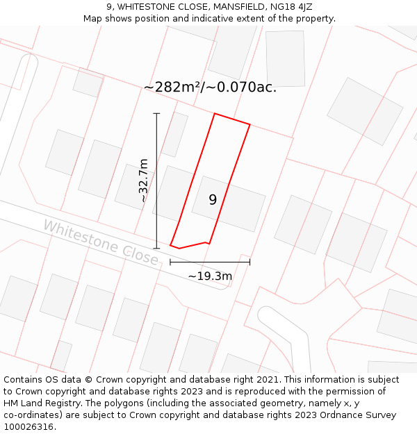 9, WHITESTONE CLOSE, MANSFIELD, NG18 4JZ: Plot and title map