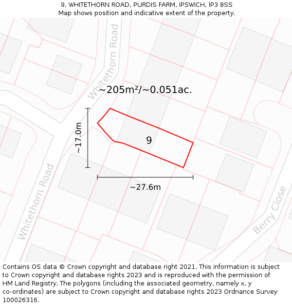 9, WHITETHORN ROAD, PURDIS FARM, IPSWICH, IP3 8SS: Plot and title map