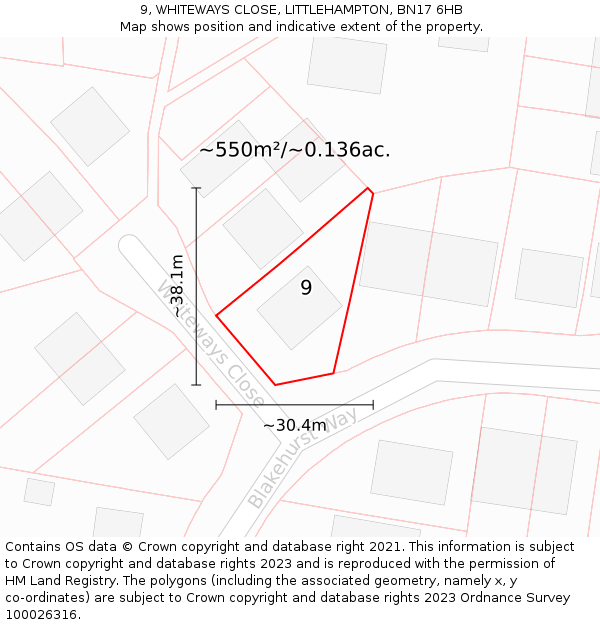 9, WHITEWAYS CLOSE, LITTLEHAMPTON, BN17 6HB: Plot and title map
