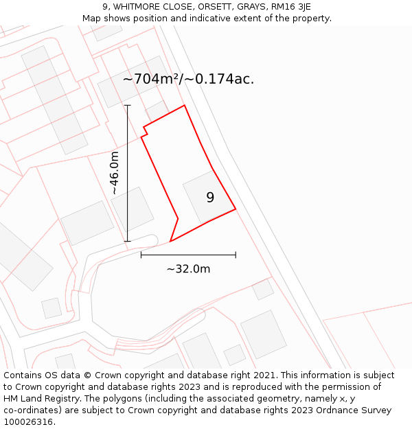 9, WHITMORE CLOSE, ORSETT, GRAYS, RM16 3JE: Plot and title map