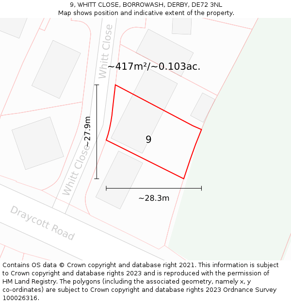 9, WHITT CLOSE, BORROWASH, DERBY, DE72 3NL: Plot and title map