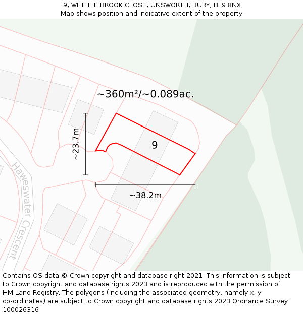 9, WHITTLE BROOK CLOSE, UNSWORTH, BURY, BL9 8NX: Plot and title map