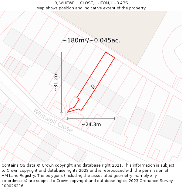 9, WHITWELL CLOSE, LUTON, LU3 4BS: Plot and title map