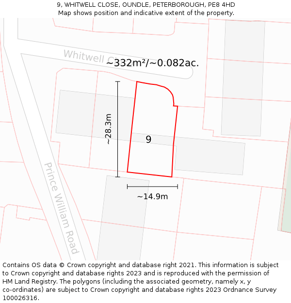 9, WHITWELL CLOSE, OUNDLE, PETERBOROUGH, PE8 4HD: Plot and title map