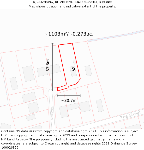 9, WHYTEWAY, RUMBURGH, HALESWORTH, IP19 0PE: Plot and title map