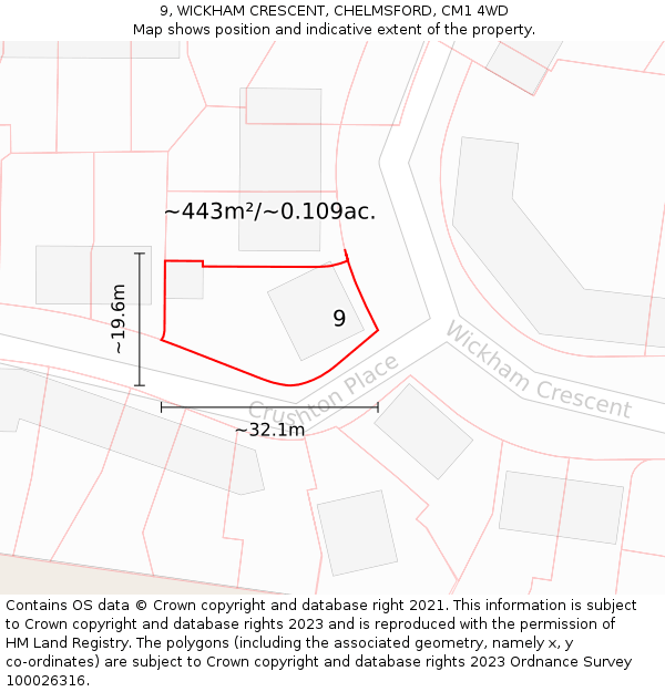 9, WICKHAM CRESCENT, CHELMSFORD, CM1 4WD: Plot and title map