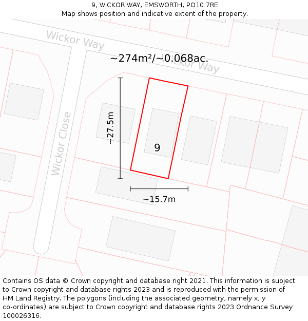 9, WICKOR WAY, EMSWORTH, PO10 7RE: Plot and title map