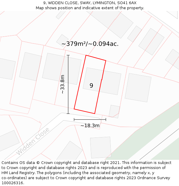 9, WIDDEN CLOSE, SWAY, LYMINGTON, SO41 6AX: Plot and title map