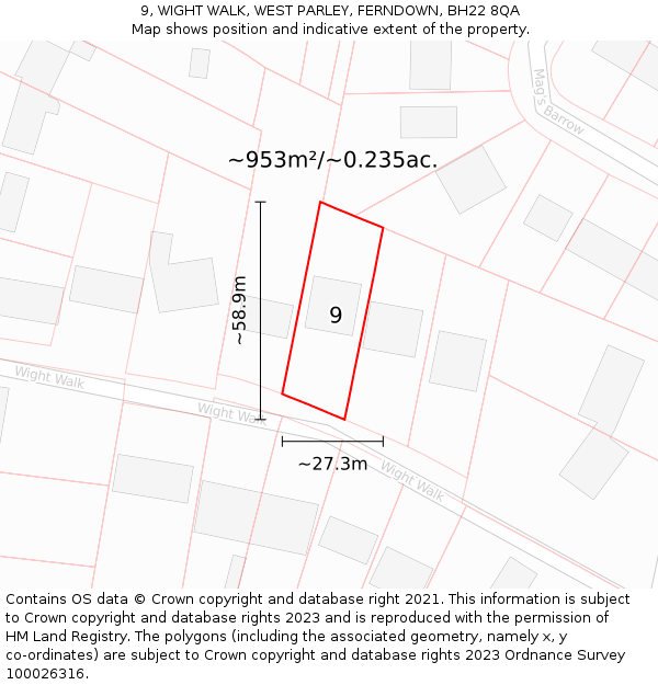 9, WIGHT WALK, WEST PARLEY, FERNDOWN, BH22 8QA: Plot and title map
