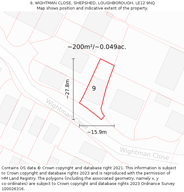 9, WIGHTMAN CLOSE, SHEPSHED, LOUGHBOROUGH, LE12 9NQ: Plot and title map