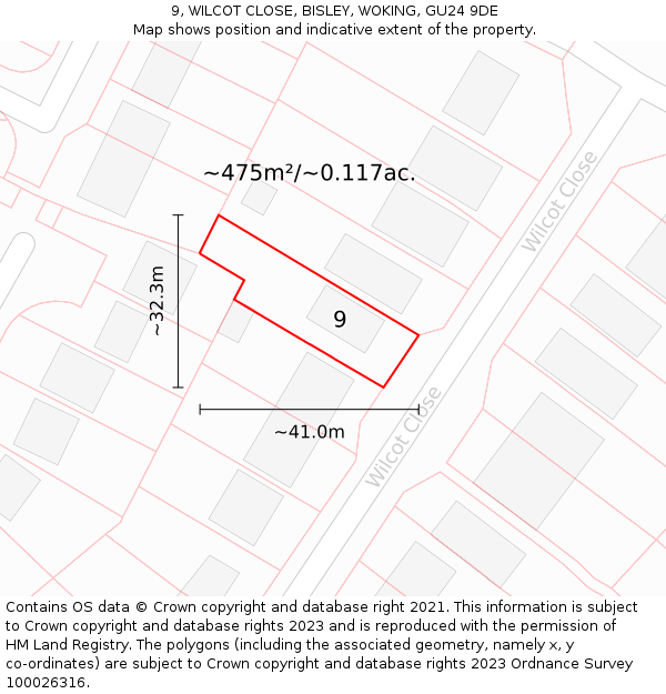 9, WILCOT CLOSE, BISLEY, WOKING, GU24 9DE: Plot and title map