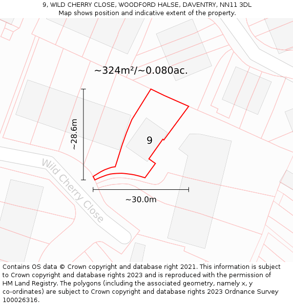 9, WILD CHERRY CLOSE, WOODFORD HALSE, DAVENTRY, NN11 3DL: Plot and title map