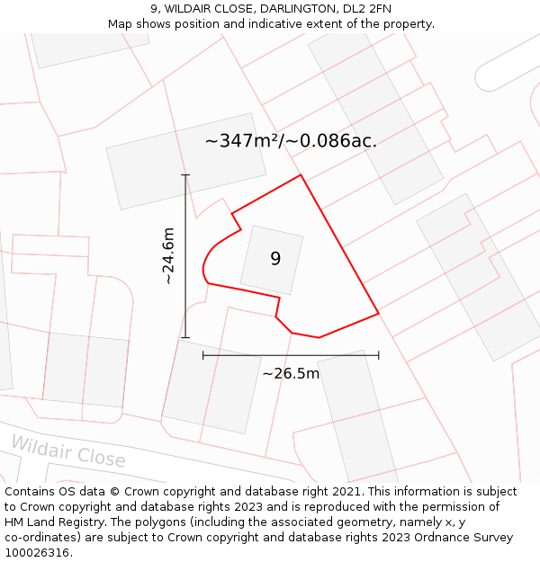9, WILDAIR CLOSE, DARLINGTON, DL2 2FN: Plot and title map