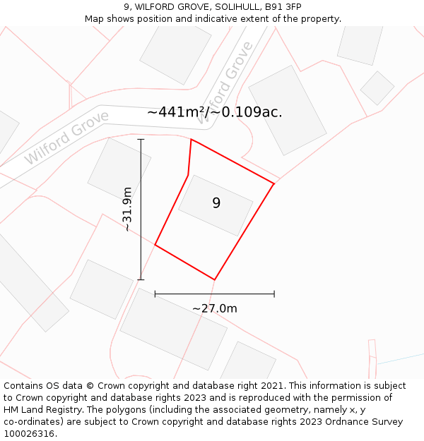 9, WILFORD GROVE, SOLIHULL, B91 3FP: Plot and title map