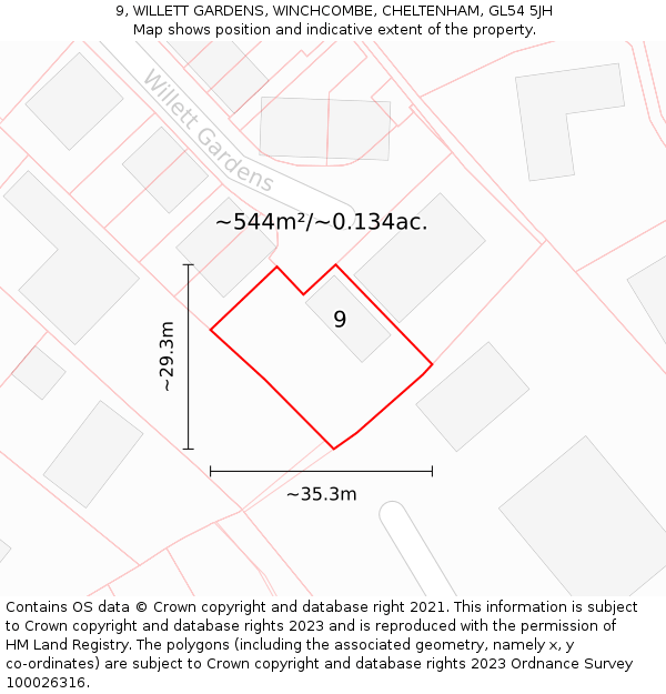 9, WILLETT GARDENS, WINCHCOMBE, CHELTENHAM, GL54 5JH: Plot and title map