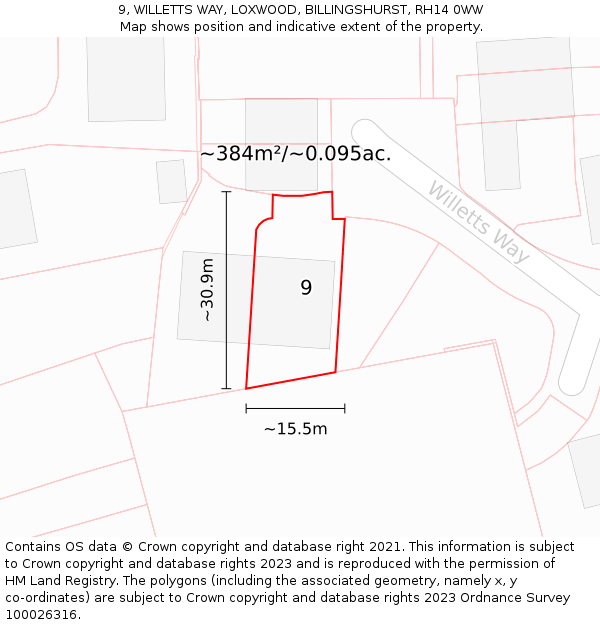 9, WILLETTS WAY, LOXWOOD, BILLINGSHURST, RH14 0WW: Plot and title map