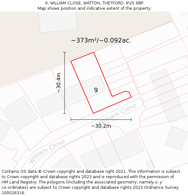 9, WILLIAM CLOSE, WATTON, THETFORD, IP25 6BP: Plot and title map