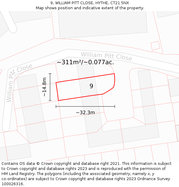 9, WILLIAM PITT CLOSE, HYTHE, CT21 5NX: Plot and title map