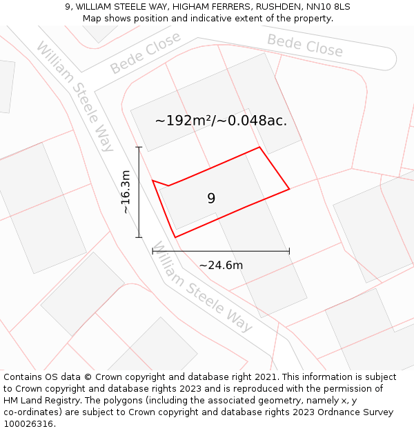 9, WILLIAM STEELE WAY, HIGHAM FERRERS, RUSHDEN, NN10 8LS: Plot and title map