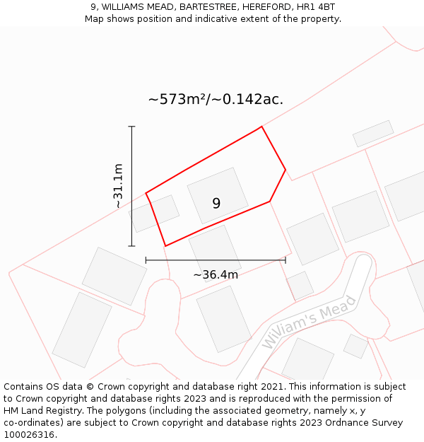 9, WILLIAMS MEAD, BARTESTREE, HEREFORD, HR1 4BT: Plot and title map