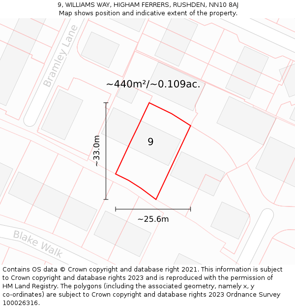 9, WILLIAMS WAY, HIGHAM FERRERS, RUSHDEN, NN10 8AJ: Plot and title map