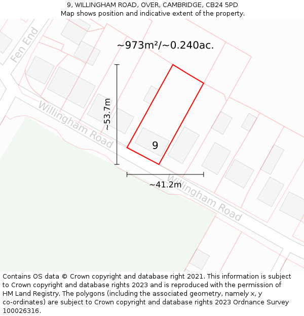 9, WILLINGHAM ROAD, OVER, CAMBRIDGE, CB24 5PD: Plot and title map