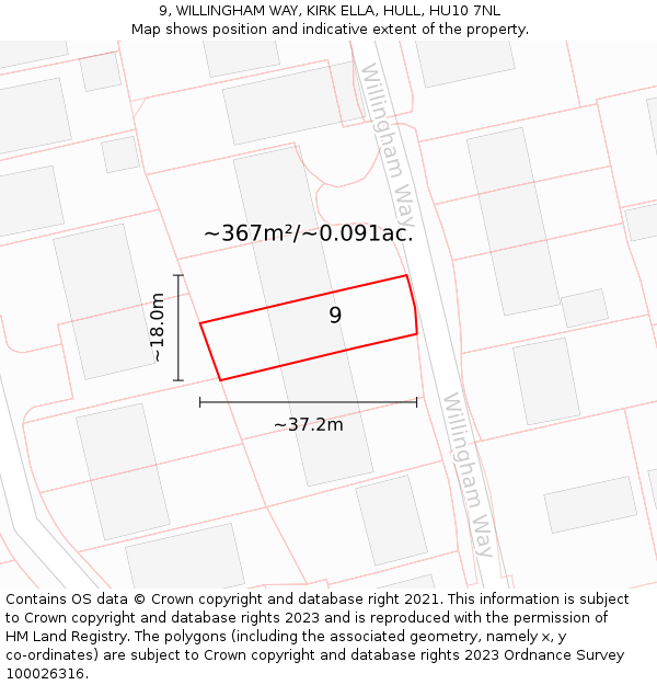 9, WILLINGHAM WAY, KIRK ELLA, HULL, HU10 7NL: Plot and title map