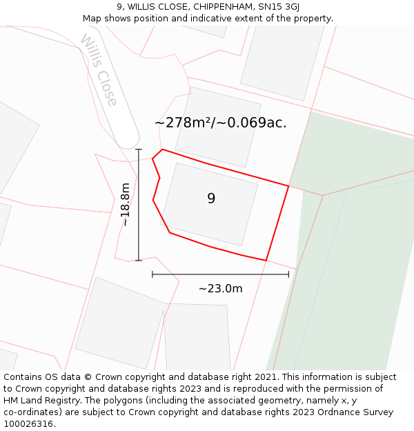 9, WILLIS CLOSE, CHIPPENHAM, SN15 3GJ: Plot and title map