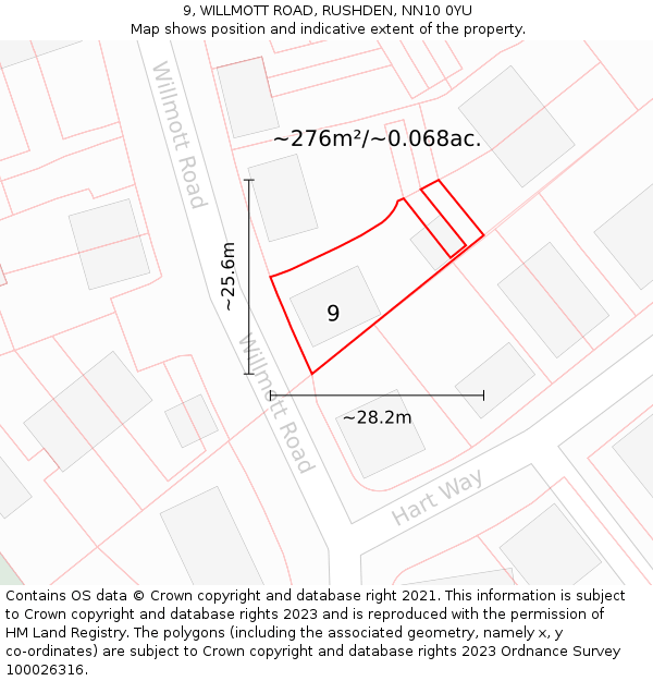 9, WILLMOTT ROAD, RUSHDEN, NN10 0YU: Plot and title map