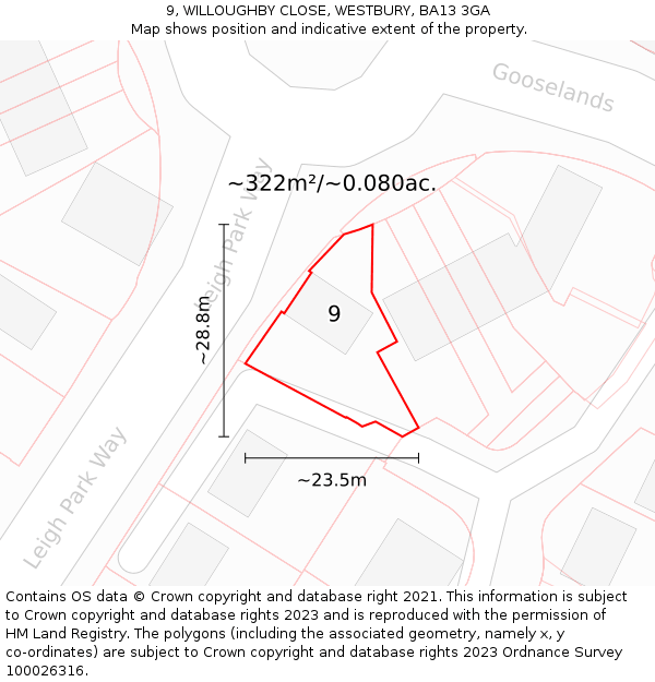 9, WILLOUGHBY CLOSE, WESTBURY, BA13 3GA: Plot and title map