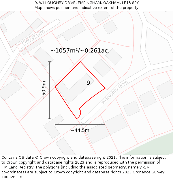 9, WILLOUGHBY DRIVE, EMPINGHAM, OAKHAM, LE15 8PY: Plot and title map