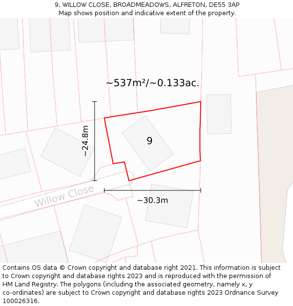 9, WILLOW CLOSE, BROADMEADOWS, ALFRETON, DE55 3AP: Plot and title map