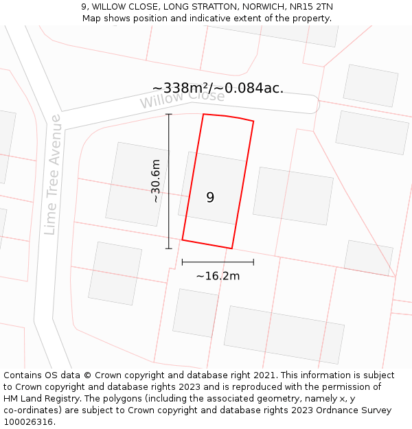 9, WILLOW CLOSE, LONG STRATTON, NORWICH, NR15 2TN: Plot and title map