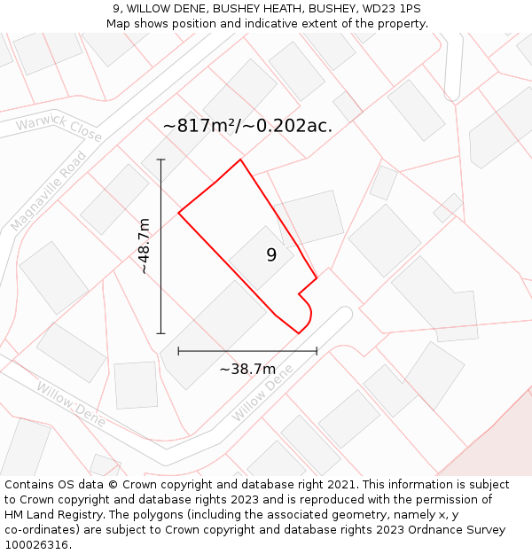 9, WILLOW DENE, BUSHEY HEATH, BUSHEY, WD23 1PS: Plot and title map