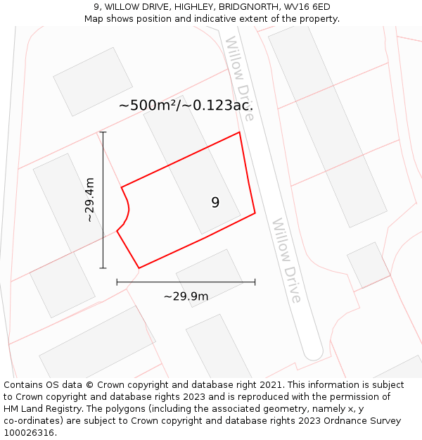 9, WILLOW DRIVE, HIGHLEY, BRIDGNORTH, WV16 6ED: Plot and title map
