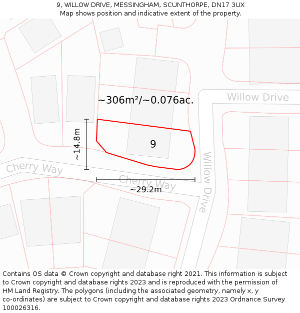 9, WILLOW DRIVE, MESSINGHAM, SCUNTHORPE, DN17 3UX: Plot and title map