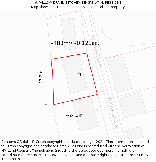 9, WILLOW DRIVE, SETCHEY, KING'S LYNN, PE33 0BG: Plot and title map