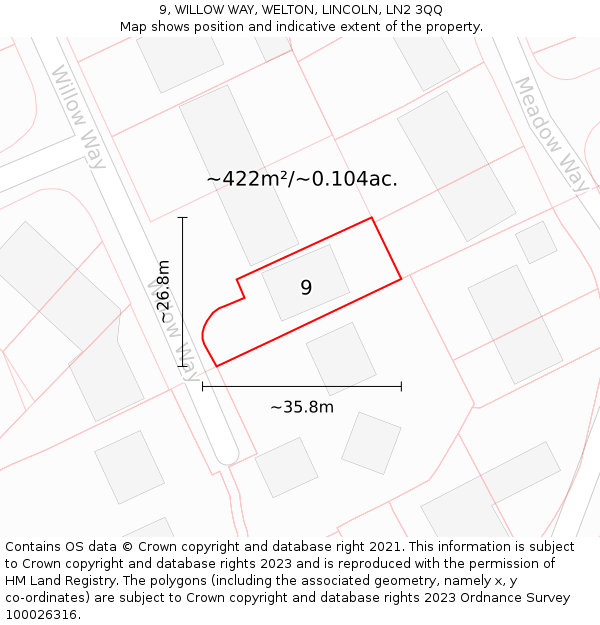 9, WILLOW WAY, WELTON, LINCOLN, LN2 3QQ: Plot and title map