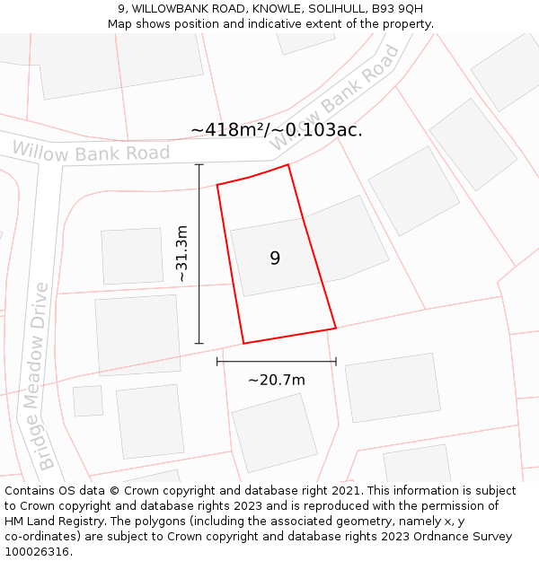 9, WILLOWBANK ROAD, KNOWLE, SOLIHULL, B93 9QH: Plot and title map