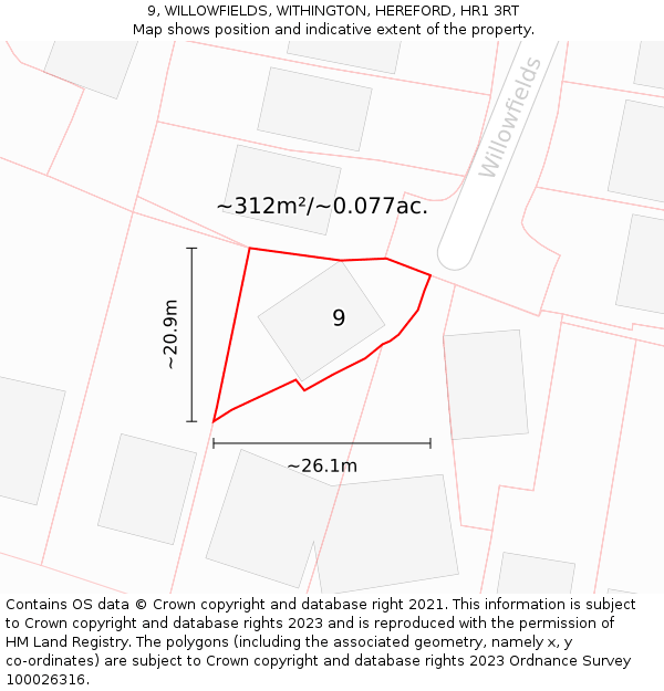 9, WILLOWFIELDS, WITHINGTON, HEREFORD, HR1 3RT: Plot and title map