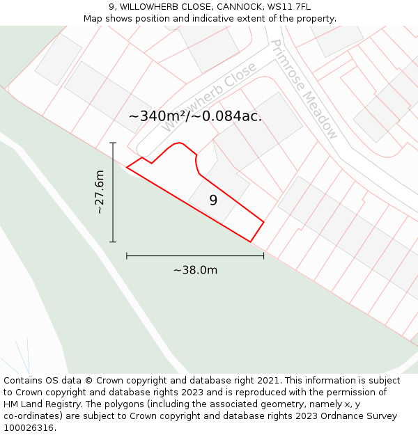 9, WILLOWHERB CLOSE, CANNOCK, WS11 7FL: Plot and title map