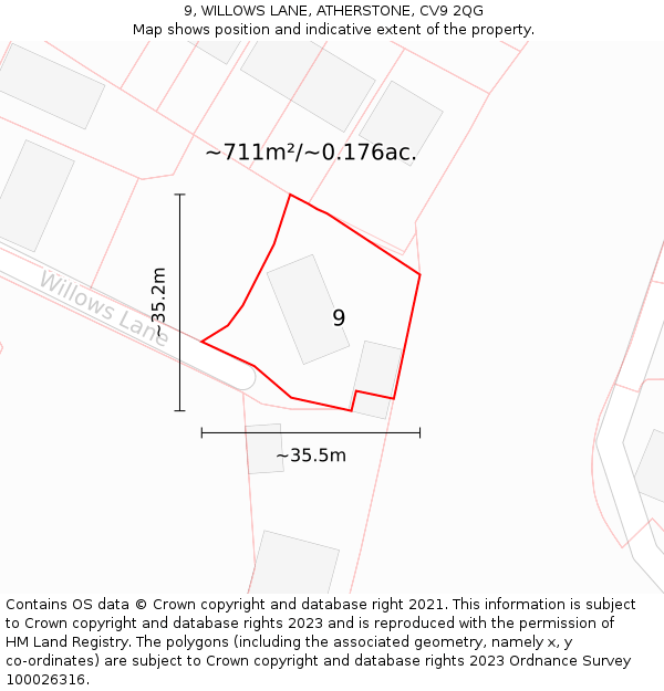 9, WILLOWS LANE, ATHERSTONE, CV9 2QG: Plot and title map