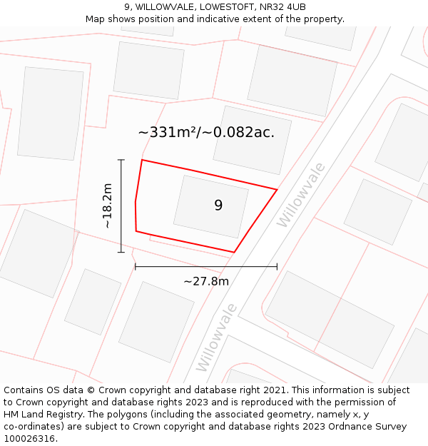 9, WILLOWVALE, LOWESTOFT, NR32 4UB: Plot and title map